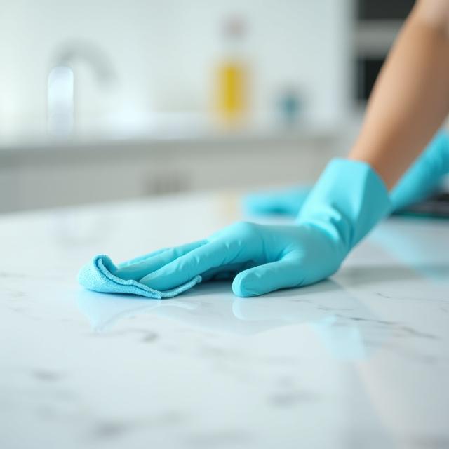 Professional cleaner wiping down granite countertops with a gentle cloth